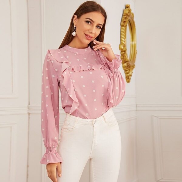 

Polka Dot Shirred Cuff Ruffle Trim Blouse