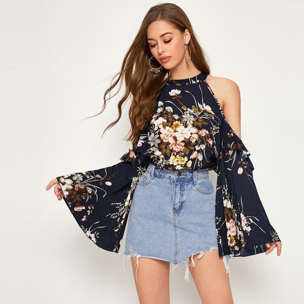 

Floral Print Cold Shoulder Flounce Sleeve Blouse, Navy