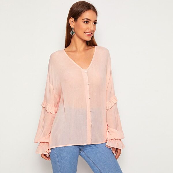 

V-neck Frill Trim Bishop Sleeve Blouse, Pink