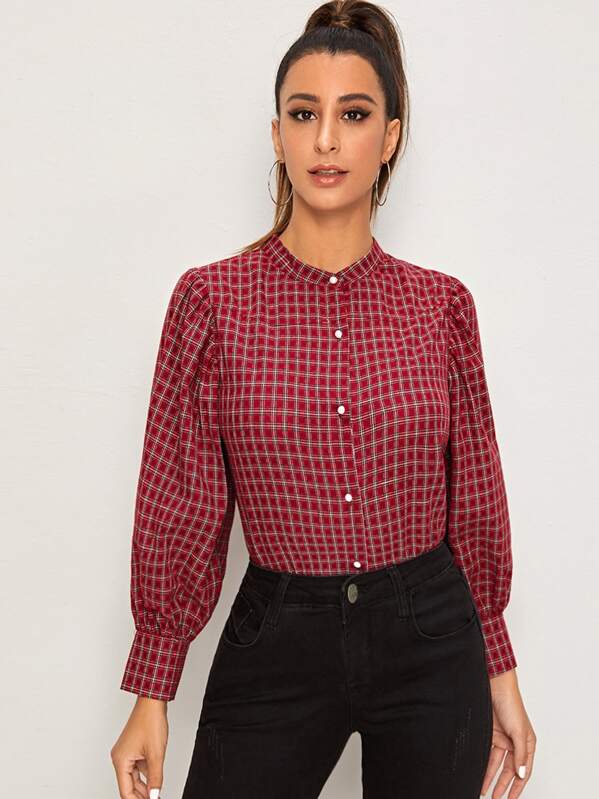 

Plaid Puff Sleeve Button Front Blouse, Red, Gabe