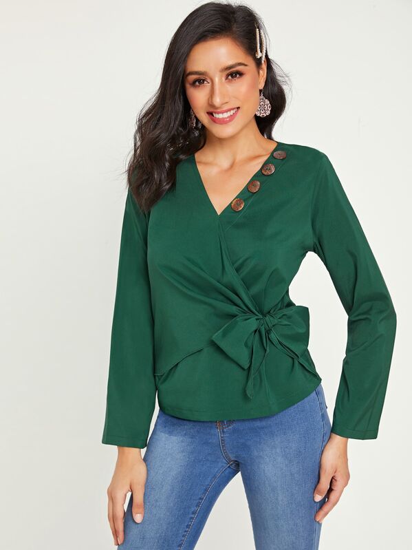 

Button Decoration Tie Side Wrap Blouse, Green, Jessica B