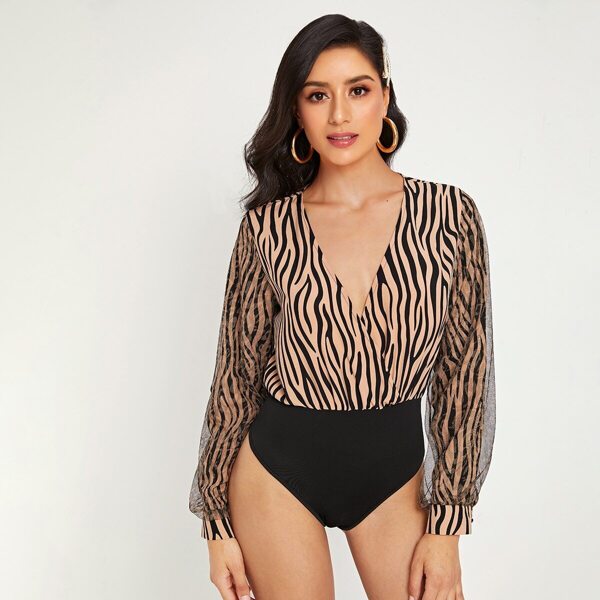 

Tiger Print Surplice V-neck Mesh Panel Bodysuit