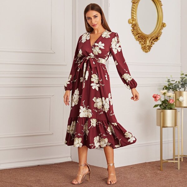 

Large Floral Self Tie Ruffle Hem Dress