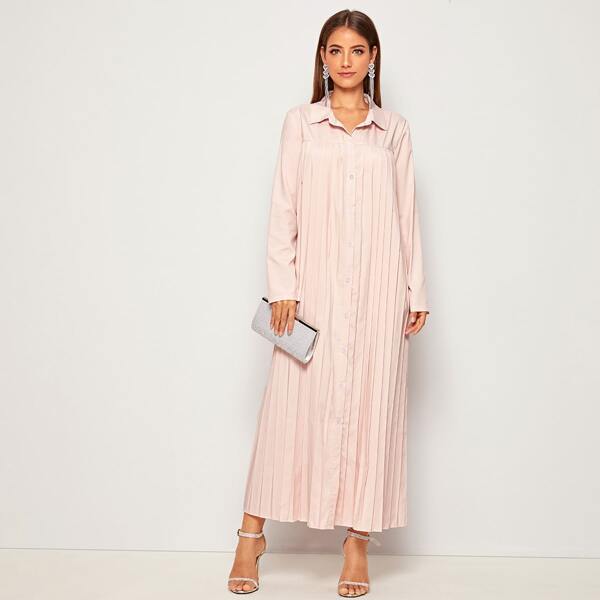 

Solid Button Front Pleated Shirt Dress