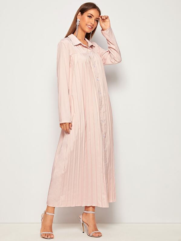

Solid Button Front Pleated Shirt Dress, Pink, Debi Cruz