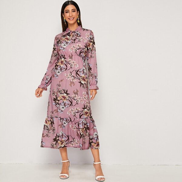 

Floral Print Tie Neck Ruffle Hem A-line Dress