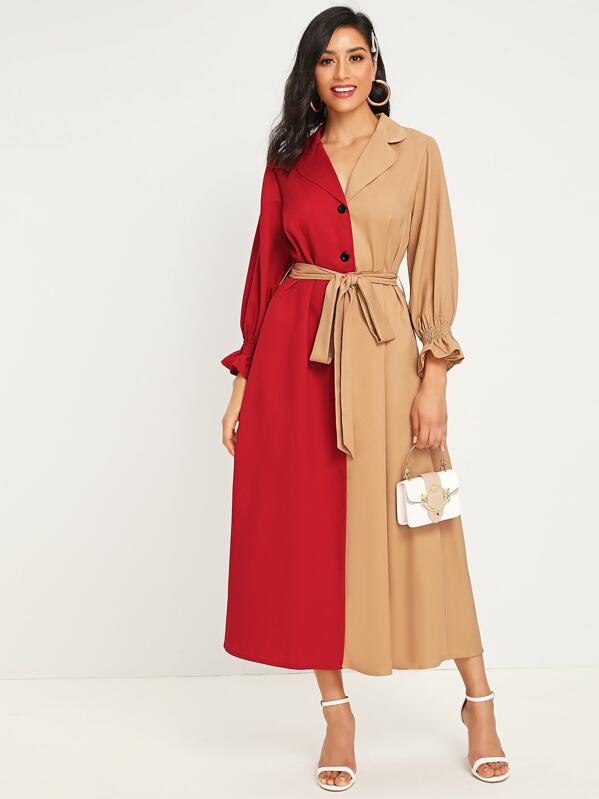 

Two Tone Lapel Neck Self Tie Shirt Dress, Multicolor, Jessica B