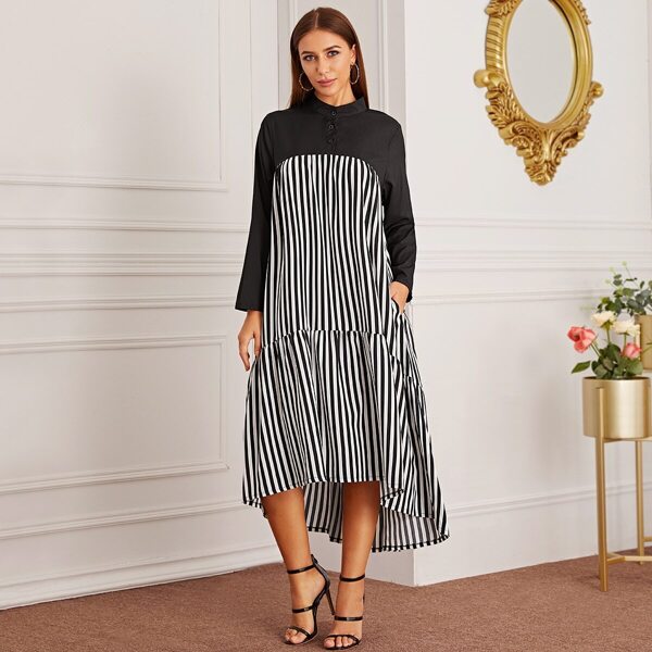 

Contrast Panel Ruffle Hem Striped Dress, Black and white