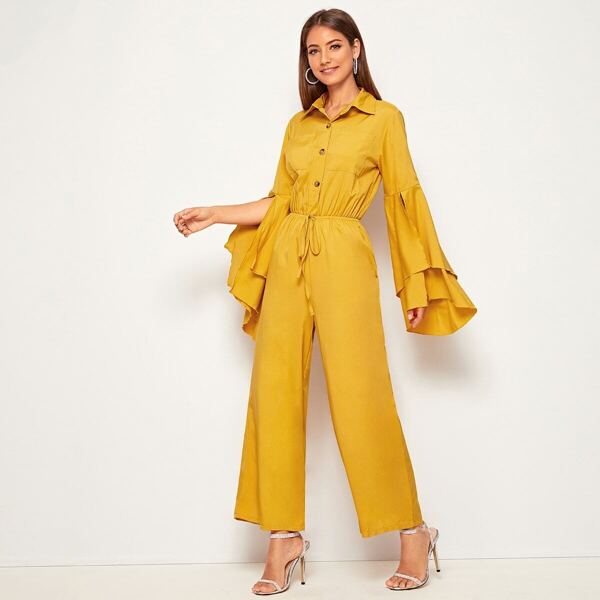 

Slit Sleeve Drawstring Waist Culotte Jumpsuit, Yellow