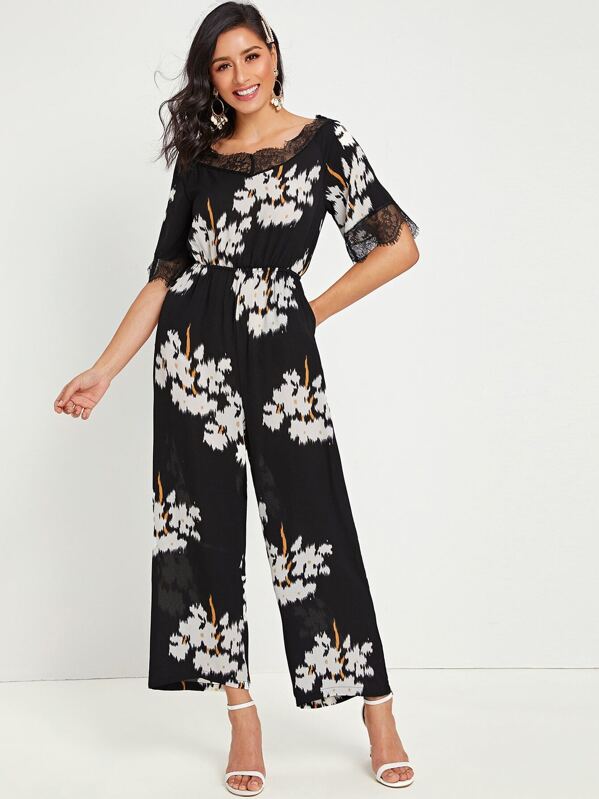 

Floral Print Lace Panel Wide Leg Culotte Jumpsuit, Black, Jessica B