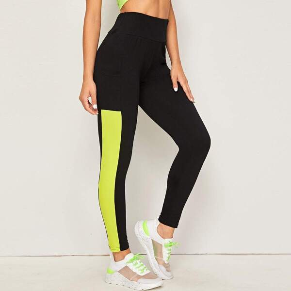 

Contrast Panel Skinny Leggings With Phone Pocket, Black