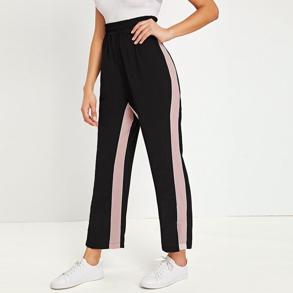

Contrast Side Elastic Waist Slit Hem Pants, Black