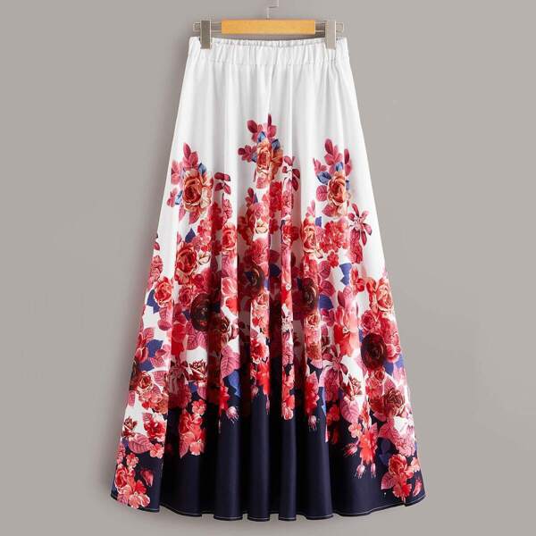 

Floral Print Elastic Waist Maxi A-line Skirt