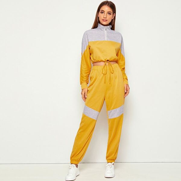 

Cut And Sew Half Zipper Sweatshirt With Sweatpants, Yellow