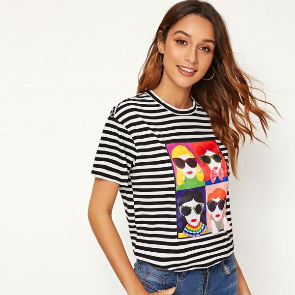 

Striped & Figure Print Tee, Black and white