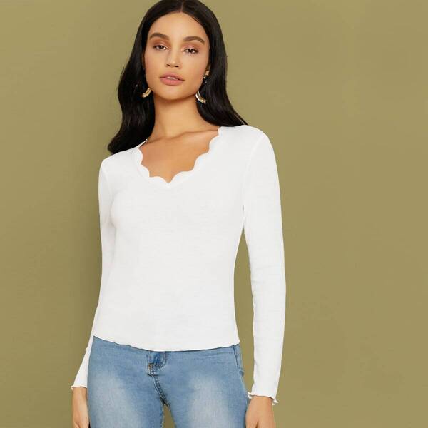 

Scallop Trim Rib-knit Fitted Tee, White