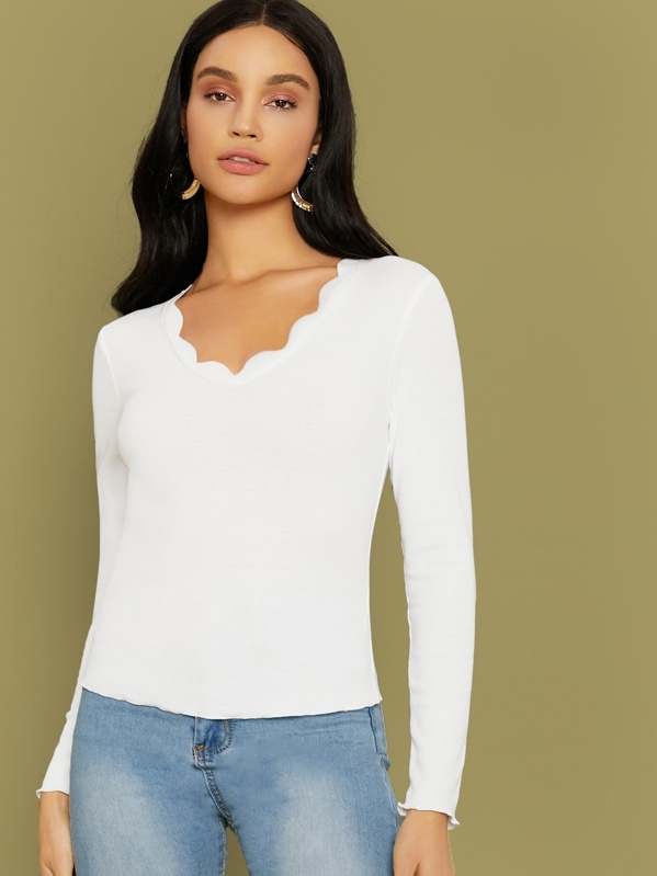 

Scallop Trim Rib-knit Fitted Tee, White, Juliette