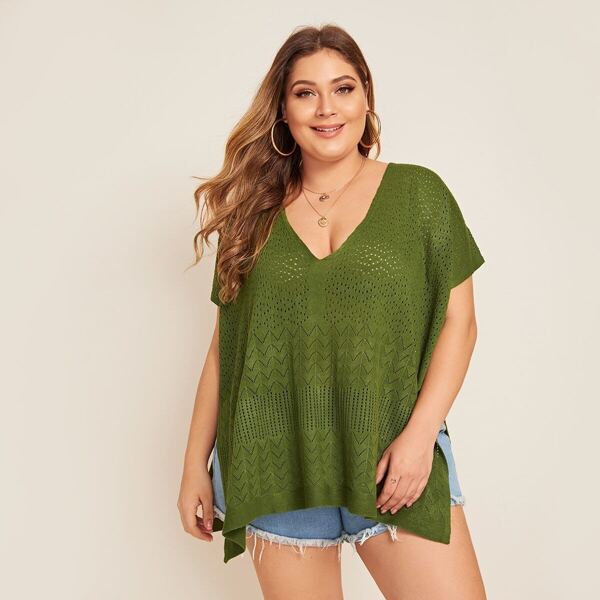 

Plus Slit Side Eyelet Knit Top, Army green