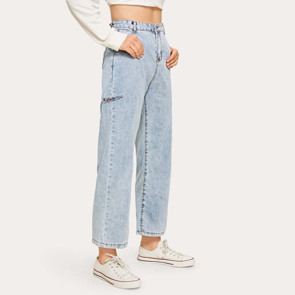 

Solid Ripped High Rise Straight Leg Jeans
