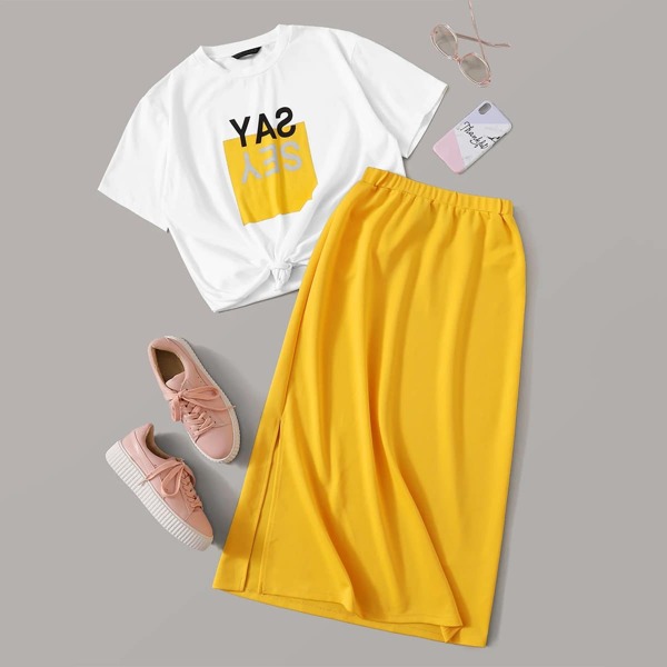 

Plus Letter Graphic Top & Split Side Skirt Set, Multicolor