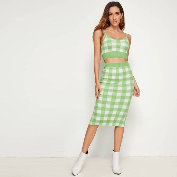 

Gingham Print Cami Sweater & Pencil Skirt Set, Green pastel
