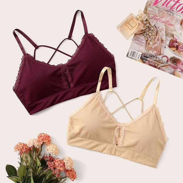 

Crisscross Back Lace Trim Bra Set 2pack