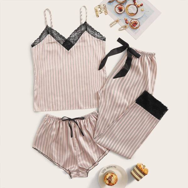 

3Pcs Striped Lace Trim Satin Cami PJ Set, Multicolor