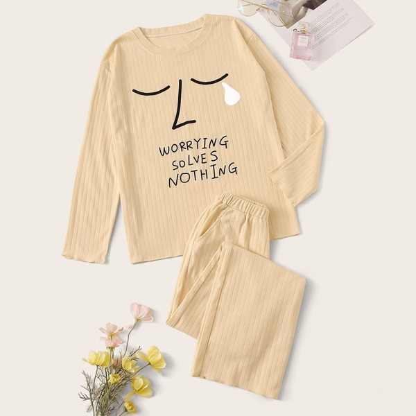

Abstract Face & Slogan Graphic Pajama Set, Yellow