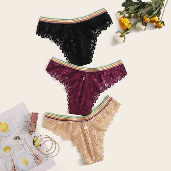 

Floral Lace Striped Trim Panty Set 3pack