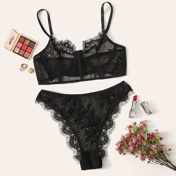 

Eyelash Lace Underwire Lingerie Set, Black