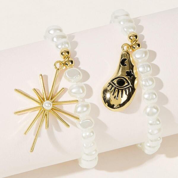 

Eye & Sun Charm Faux Pearl Beaded Bracelet 2pcs