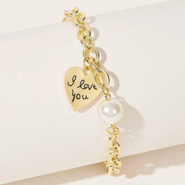 

Letter Engraved Heart Charm Chain Bracelet 1pc, Gold