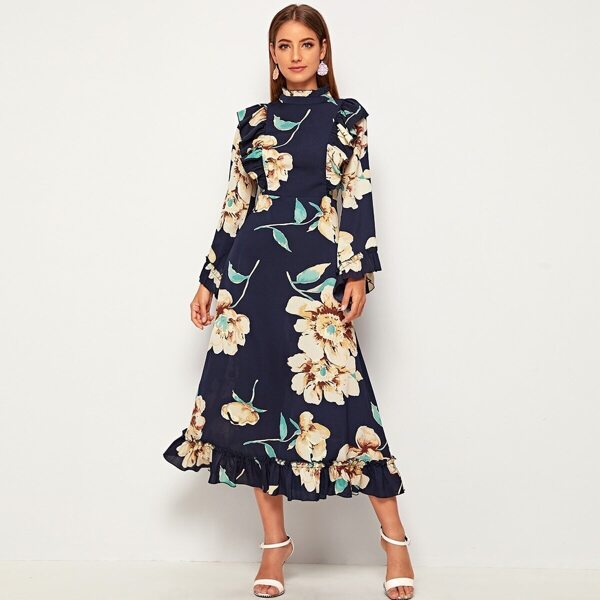 

Floral Print Ruffle Trim Fit & Flare Dress, Navy