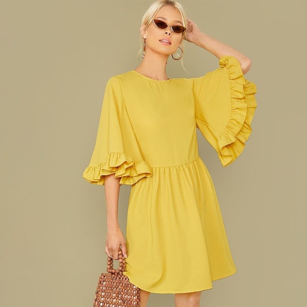 

Ruffle Cuff Bell Sleeve Solid Dress, Yellow pastel