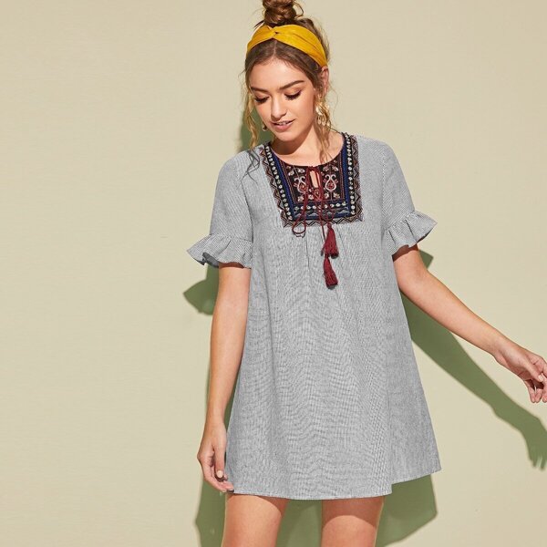 

Tie Neck Embroidery Yoke Striped Babydoll Dress, Grey