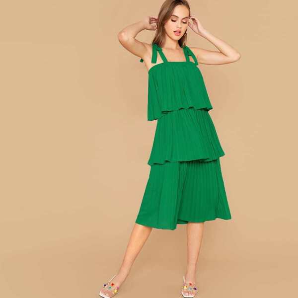 

Tie Strap Tiered Layered Pleated Dress, Green bright