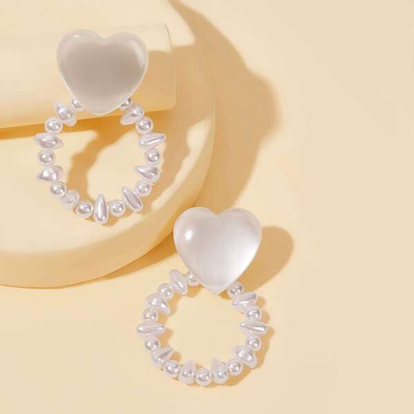 

Faux Pearl Beaded Heart Ring Earrings 1pair, White