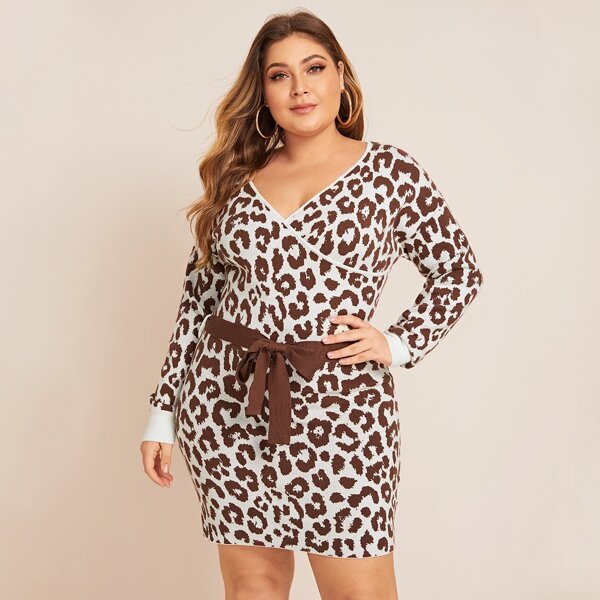 

Plus Surplice Neck Self Belted Leopard Sweater Dress, Multicolor