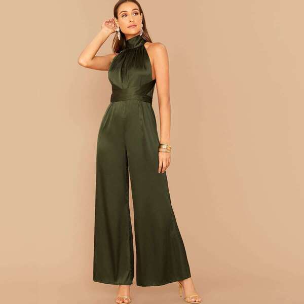 

High Neck Crisscross Backless Palazzo Satin Jumpsuit, Army green