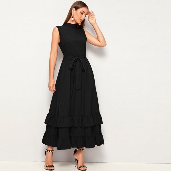 

Mock Neck Ruffle Layered Belted Dress, Black