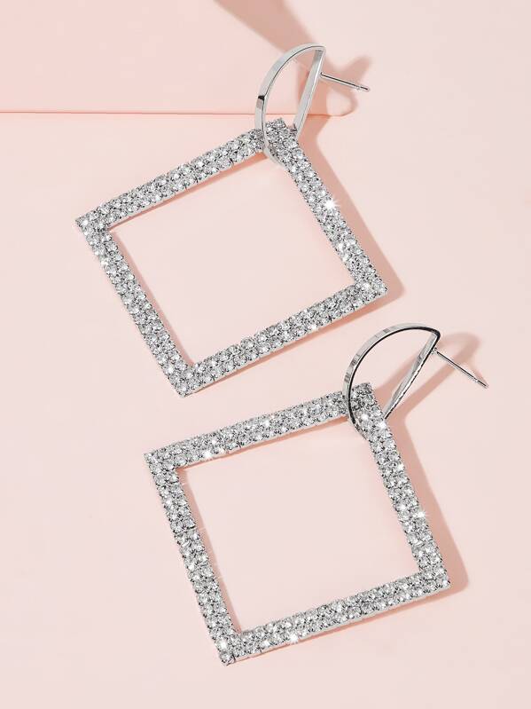 

Rhinestone Engraved Open Square Drop Earrings 1pair, Silver