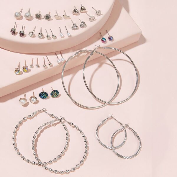 

Rhinestone & Faux Pearl Decor Earrings 20pairs, Silver