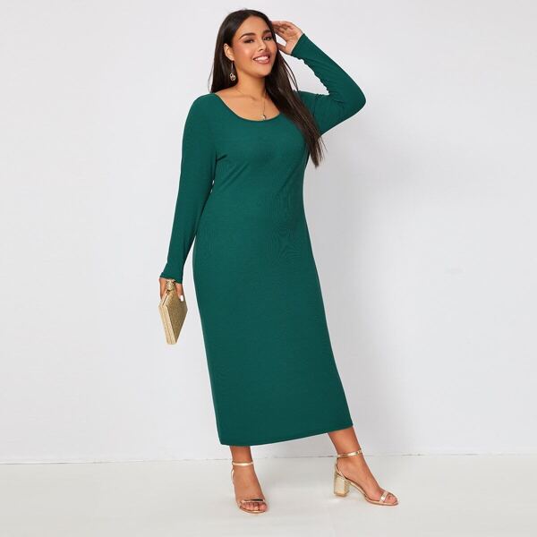 

Plus Scoop Neck Solid Dress, Green