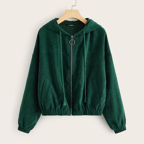 

Zip Up Cord Drawstring Hooded Jacket, Green