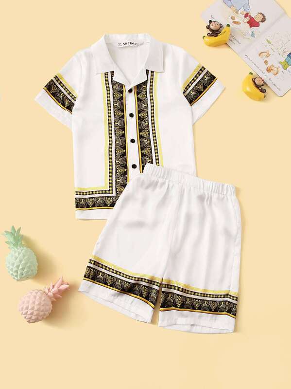 

Boys Notched Collar Scarf Print Shirt & Shorts PJ Set, White
