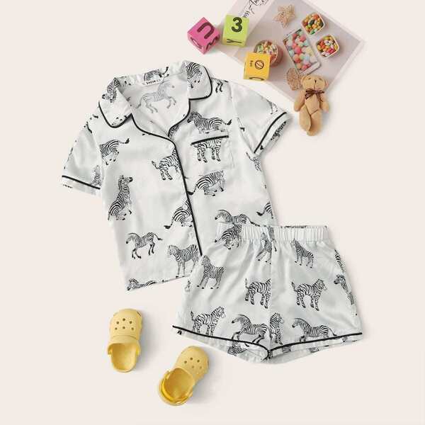 

Girls Zebra Pocket Satin Top & Shorts PJ Set, White