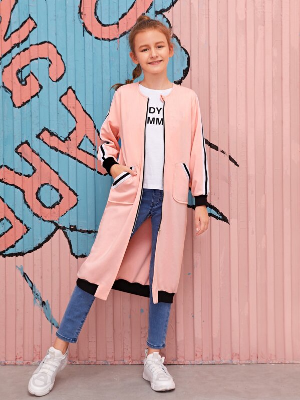 

Girls Striped Tape Detail Patch Pocket Coat, Pink, Sashab