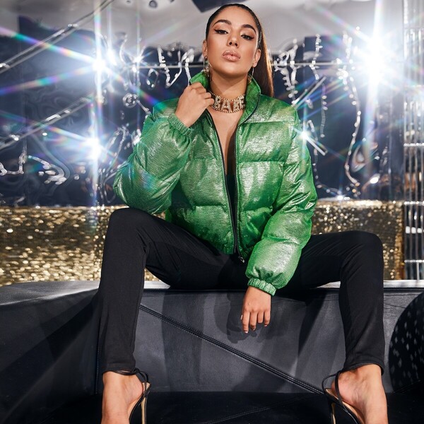 

Zip Up Metallic Puffer Jacket, Green bright