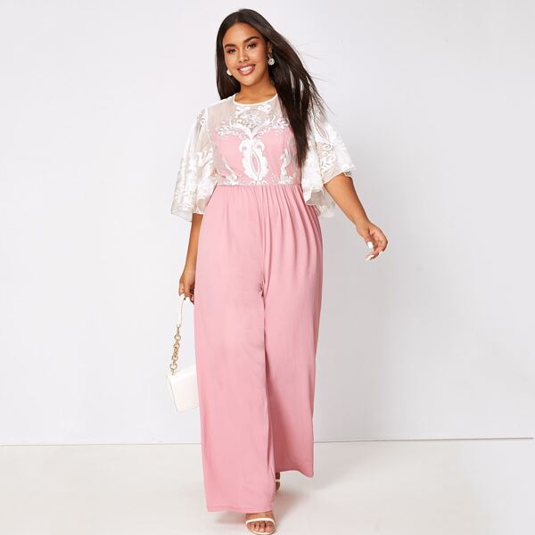 

Plus Embroidery Mesh Bodice Wide Leg Jumpsuit, Pink pastel