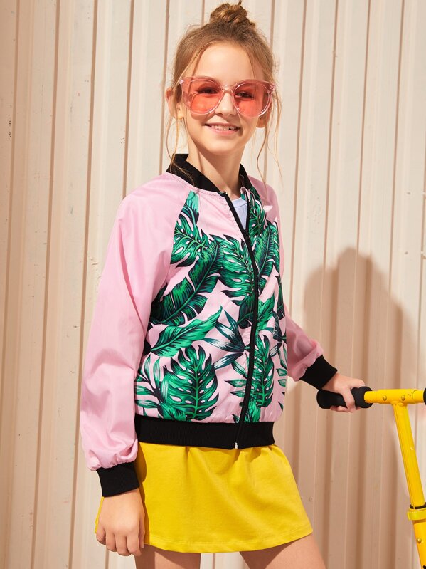 

Girls Tropical Print Raglan Sleeve Bomber Jacket, Multicolor, Sashab